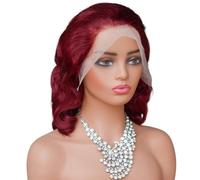 JIANBOHAIRS Densidad transparente del cabello humano 300 de las pelucas de la onda del frente del cordón de 13x4 HD pelucas sin cola de 18 pulgadas for las mujeres(Wine red)