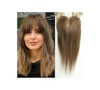 JIANBOHAIRS Extensiones de cabello humano Remy con flequillo for mujer, densidad 150, base de seda, con clip, 14 pulgadas for Thinning Hair(Golden Brown)