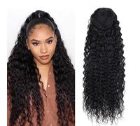 JIANBOHAIRS Extensiones de cola de caballo con cordón de onda profunda sintética rizada for mujeres, sensación de cabello humano con clip en grueso, negro natural Daily Wear(14 inch)