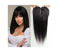 JIANBOHAIRS Human Hair Topper with Bangs 3 Clips Natural Black 14" Silk Base Remy Hairpiece for Thicking Hair for Thinning Hair