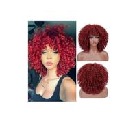 JIANBOHAIRS Peluca afro rizada de 14 pulgadas con flequillo for mujeres negras, sintética, sin pegamento, for fiestas diarias. for Thinning Hair(RED)