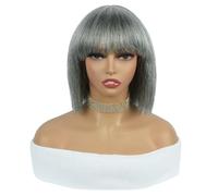 JIANBOHAIRS Peluca corta y recta estilo bob con flequillo, color sal y pimienta, de cabello humano, sin pegamento, for personas mayores. for Thinning Hair(8 inch)