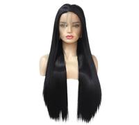 JIANBOHAIRS Peluca de encaje frontal largo y liso para mujer, color negro natural, sedoso, pelo sintético, a la moda, ideal para el uso diario (24 pulgadas)