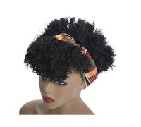 JIANBOHAIRS Pelucas afro rizadas cortas con flequillo y diadema, peluca sintética con turbante for cosplay. for Thinning Hair(Black)