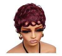 JIANBOHAIRS Pelucas de cabello humano con corte Pixie rizado de 6 pulgadas for mujer, uso diario, ondas profundas, sin pegamento, for cosplay con flequillo for Thinning Hair(WINE RED)