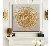 Jianghu Art Gran Círculo Dorado Pintura Al Óleo Sobre Lienzo Moda Abstracta Original Minimalista Hoja De Oro Enmarcado Arte De La Pared Pintura Sala De Estar 90x90cm (35x35in) Con Marco