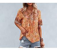 JiangKui Camisa de Moda Boho Summer Flower Gasa Manga Corta Camisetanaranja, m