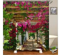JIANGLANY Cortina de ducha con diseño de flores rosas y moradas con ganchos, diseño de flores y vides en forma de granja, jardín, pasillo, baño, tela impermeable, 180 x 180 cm (2)
