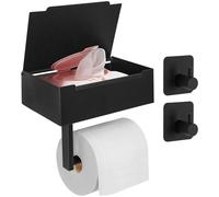 JiangLin Portarrollos de papel higiénico de acero inoxidable sin taladrar, soporte de papel higiénico negro con caja para toallitas húmedas, soporte de papel higiénico autoadhesivo con 2 ganchos