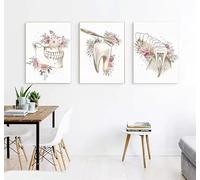JIANGSHANDAIYOUCAIREN Dientes Anatomía Arte Impresiones Florales Pintura Acuarela Posters Odontología Wall Art Imagen para Decoración de Clínica Dental No Marco-B_50x70cmX3