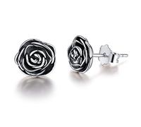 JIANGYUYAN Pendientes de plata de ley chapados en oro rosa Pendientes de flores hipoalergénicos (negro)