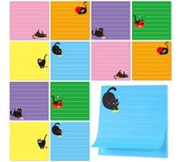 JIANTA 12 Pack Sticky Notes Gato Negro - 6 Colores Bloc de Notas, Bloc To-Do List, 76x76mm Animales Lindos Papel Adhesivo con Líneas para Oficina, Escuela & Planificador (480 Hojas - Rayados)