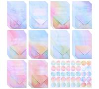 JIANTA 50 Juego de papel de cartas con sobres, papel de carta rayado de 100 g/m², 50 hojas de 210 x 140 mm, 50 sobres de 145 x 110 mm, 60 pegatinas, 10 colores