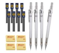JIANTA Juego de Portaminas, 4Pcs Automático Portaminas, Metal Porta Minas Dibujo Portaminas Lápiz de Escritura 0.3 0.5 0.7 0.9 mm, 96Pcs Mina de Lápiz, 4Pcs Borradores