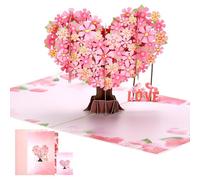 JIANTA Tarjeta de Flores Pop-Up, Tarjeta de felicitación 3D en forma de corazón con cerezo en flor, LOVE Pajarito pop up en 3D con sobre blanco, tarjeta de San Valentín, tarjeta de cumpleaños Sakura