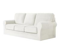 jianyana Funda de sofá de Terciopelo elástico en Forma de T, Funda de sofá con Banda de Ajuste elástica, Fundas para sofás con Cojines y Fundas de Respaldo Separados (Blanco, 3 plazas, 7 Piezas)