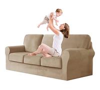 jianyana Funda de sofá de Terciopelo elástico en Forma de T, Funda de sofá con Banda elástica de Ajuste, Fundas para sofás con Cojines y Fundas de Respaldo Separados (Beige, 3 plazas, 7 Piezas)