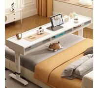JIAOCKJIAO Mesa Auxiliar Cama con Ruedas Rotación de 360°, Escritorio Ajustable Altura para Portátil con Separadores, Carrito de Almacenamiento Junto a La Cama(Wit,47x16in/120x40cm)
