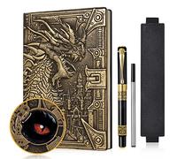 JiaoJiRen DND - Cuaderno de piel en relieve 3D, diario de viaje A5, vintage con funda para bolígrafo y bolígrafo, diario diario hecho a mano D&D para hombres y mujeres (dragón de bronce)