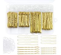 Jiaoshou Pan 300 Horquillas Pelo Mujer, Horquillas Moño en U 2 Pulgadas 2.36 Pulgadas, Pasador de Pelo Ondulado 2 Pulgadas 2.75 Pulgadas con Transparente Gomas y Caja de Almacenamiento (Oro)