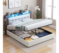 JiaOyu Cama doble de 140 x 200 cm con espacio de almacenamiento hidráulico, cama tapizada con iluminación LED y cargador inalámbrico, cama funcional con somier, sin colchón (140 x 200 cm)