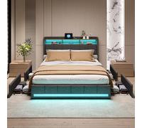 JiaOyu Cama tapizada de 140 x 200 cm, cama doble funcional con iluminación LED y función de carga USB, espacio de almacenamiento con 4 cajones y somier, respaldo para cama juvenil (gris, 140 x 200 cm)