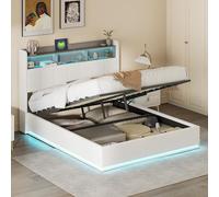 JiaOyu Cama tapizada de 160 x 200 cm, cama de almacenamiento con LED, función USB y somier de listones, moderna cama doble de madera y franela, con respaldo, cómoda cama juvenil, sin colchón (160 x