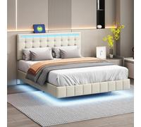 JiaOyu Cama tapizada de 160 x 200 cm, marco de cama con iluminación LED y función de carga USB, estructura de cama con cabecero ajustable, cama flotante para invitados, cama juvenil para dormitorio