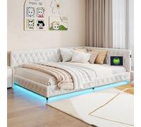 JiaOyu Cama tapizada sofá Cama 140 x 200 cm con iluminación LED y Conector USB, Estructura de Cama con somier y cabecero, Cama de día Multifuncional para Invitados y salón (Tipo B+ Beige)