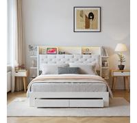 JiaOyu Moderna cama LED con función de carga USB, cama tapizada de 140 x 200 cm con espacio de almacenamiento y 2 cajones, cama doble funcional con somier para habitaciones juveniles, sin colchón (140