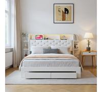 JiaOyu Moderna cama LED con función de carga USB, cama tapizada de 160 x 200 cm con espacio de almacenamiento y 2 cajones, cama doble funcional con somier para habitaciones juveniles, sin colchón (160