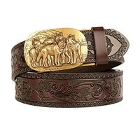 JIARY Cinturón de Cuero para Hombre, Cinturones Occidentales para Hombre Vaquero, cinturón de Cuero con Hebilla de Metal con Cabeza de Lobo,Brown b,110cm/43.3''