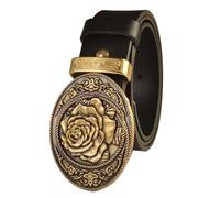 JIARY Cinturon Hombre, Cinturon Ajustable de Occidental Cowboy, Cinturón Moda de Cuero Genuino con Hebilla de Metal con Diseño de Rosa Dorada 3D Floral Grabada,Negro,125CM/49.2''