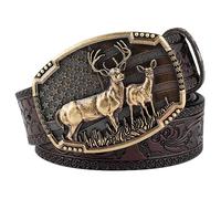 JIARY Cinturon Hombre, Cinturón de Occidental Vaquero, Cinturón Ajustable de Cuero Genuino Grabado en Relieve Vintage con Hebilla Aleación en Relieve de Ciervo Bronce,Marrón,110CM/43.3''