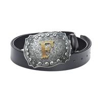 JIARY Cinturon Hombre de Cowboy Occidental, Cinturón de Cuero Genuino con Hebilla de Aleación con Patrón de Letras en Inglés CDFG,F black,110CM/43.3''