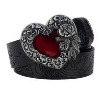 JIARY Cinturones de Mujer, Cinturón Hombre Occidental para Vaquero, Cinturón de Cuero con Hebilla de Rosas Corazón Grabado en Relieve,Negro,130CM/51.2''