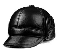 JIARY Gorras de Hombre,Sombrero de Cuero de Invierno con Orejeras Casquillos Plano Gorra Piel Hombre,Gorra de Piel de Vaca térmica,Black b,XL
