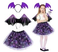 JIASHA 4 piezas Disfraz de Murciélago,Disfraz de murciélago niña,Juego de Disfraz de Murciélago,Falda,diadema de murciélago,alas,bolsa de dulces,para Fiesta de Halloween Carnaval Mardi Cosplay