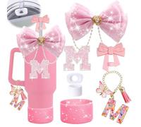 JIASHEBDE Juego de 7 accesorios brillantes para vaso Stanley Cup de 20/30/40 onzas, adorno de pajilla de lazo, dije inicial de diamantes de imitación, bota de silicona con purpurina y tapón de