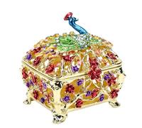 Jiawu Caja de Esmalte con Pavo Real, Joyero Vintage con Tapa de Figurilla de Pavo Real con Estras para Decoración del Hogar, Anillos, Pendientes, Dorado