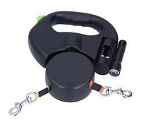 Jiawu Correa Doble Retráctil Automática para Perros 1 Remolque 2 para Dos Perros con Linterna y Dispensador de Bolsas, Correa de Seguridad Reflectante de Nailon con Control Manos Libres Giratorio de