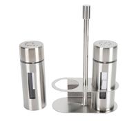 Jiawu Juego de Salero y Pimentero de Acero Inoxidable 304 con Base, 2 Botellas de Condimento para Cocina, Tarros de Especias Transparentes para Azúcar, Pimienta, Chile en Polvo (Pequeña)