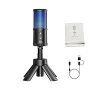 Jiawu Micrófono USB para Juegos, 48 kHz/24 bits de Audio de Alta Resolución AI Reducción de Ruido Micrófono de Condensador USB, de Condensador para Juegos con Trípode Plegable Luces RGB para