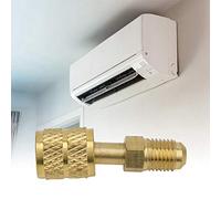 Jiawu R410 Brass Adapter 1/4" Male to 5/16" Female SAE | Adaptador de manguera de carga para aire acondicionado mini split, servicio HVAC, flujo antirretorno de baja pérdida