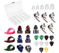 Jiayouy Juego de 25 púas de dedo para pulgar de acero inoxidable, metal, celuloide, guitarra, pulgar + 5 protectores de dedos de silicona con funda de plástico para gutiar, bajo, ukelele, mandolina,