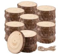 JIAYUET 50 rodajas de madera sin terminar de 8 a 9 cm, círculos de madera de 1 cm de grosor con cordel de yute, discos de troncos preperforados para manualidades y decoraciones