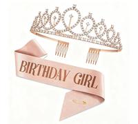 Jidyllic Kit de banda y tiara de diamantes de imitación para niña de cumpleaños, color oro rosa, corona y banda ajustables para mujeres adultas, suministros de fiesta de cumpleaños 21, 30, regalo