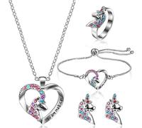 Jieddey Conjunto de Joyas Caballo para Niñas,4 PCS Unicornio Corazón Colgante Collar Juego de Joyas Pulsera Pendientes Anillo Princesa Joyería Regalo de Cumpleaños Pulsera Anillo para Niñas