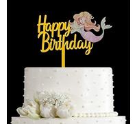 JIEEIN Decoración para tarta de cumpleaños con una sirenita para decoración de fiesta de cumpleaños, acrílico dorado