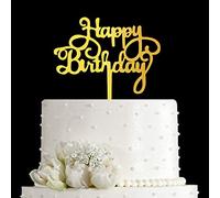 JIEEIN Decoración para tartas, acrílico dorado espejo, feliz cumpleaños para decoraciones de fiesta de cumpleaños, 1.0 unidades, familia de color amarillo, 5.2 x 5.3 pulgadas, reutilizable, no tóxica